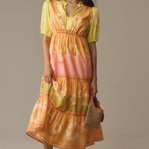 Farm Rio x Anthropologie Short-Sleeve Tiered Midi Dress - Yellow and Pink Floral